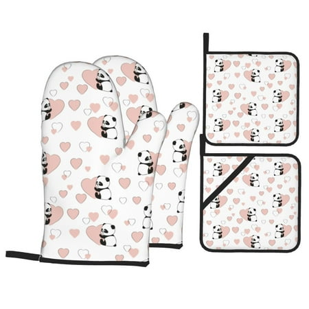 

Oven Mitts and Pot Holders 4 pcs Set Heart Panda Heat Resistant Pot Holders Oven Mitts for kitchen Non-Slip Hanging Loop Oven Glove Potholders for Baking Cooking