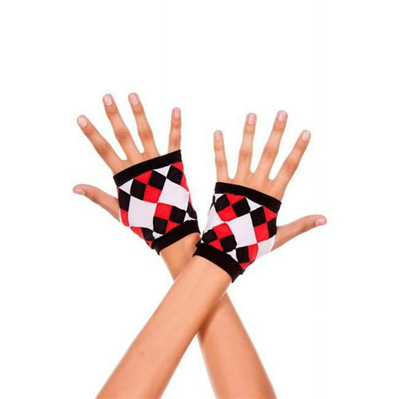 Opaque fingerless gloves with jester diamond print 471-BLK/WHI/RED