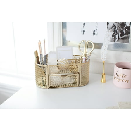Blu Monaco Gold Desk Organizer with Drawer - for Home or Office
