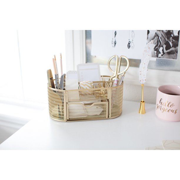 Blu Monaco Gold Desk Organizer with Drawer for Home or Office