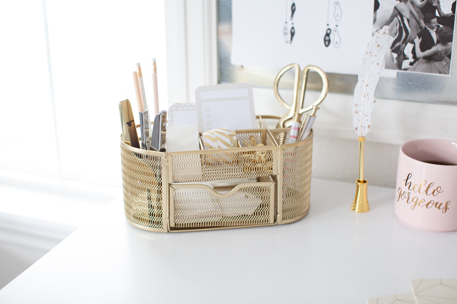 Blu Monaco Gold Desk Organizer with Drawer - for Home or Office