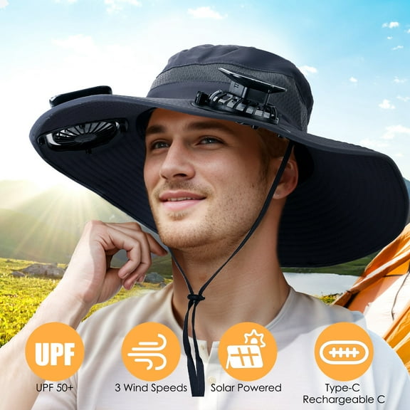 Moclever Unisex Wide Brim Hat with Solar Fan, UPF50 Breathable Waterproof Nylon Mesh Outdoor Fishing Hat, Dark Grey