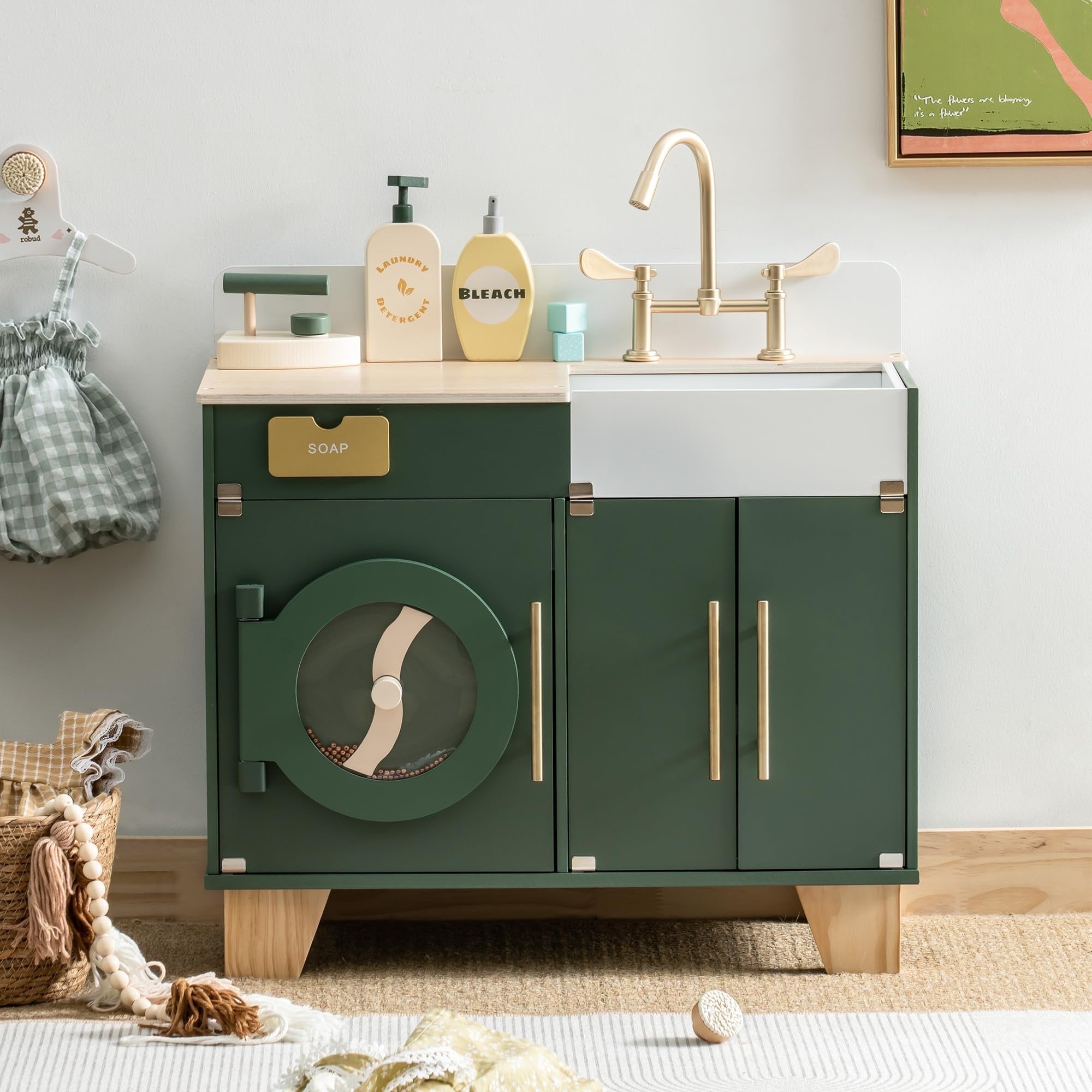 Robotime Wooden Play Kitchen Set Toy Washing Machine Washer and Dryer for Playset Pretend Play for Kids Boys Girls Age 3+,Vintage Green
