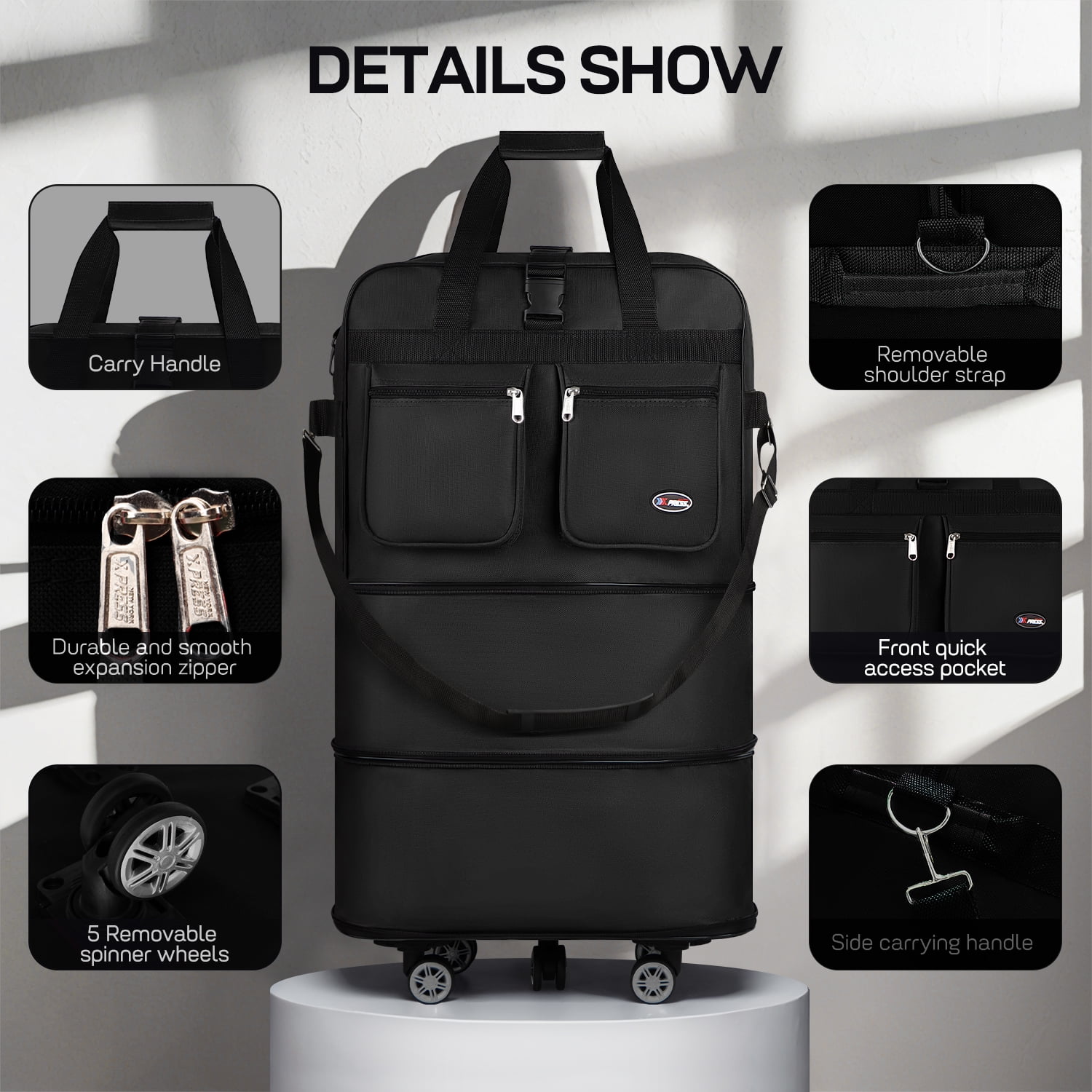 36" Expandable Foldable Luggage Bag,Collapsible Suitcases with Wheels,Rolling Duffle Bag Wheeled Travel Bag for Men Women,MEX-Black