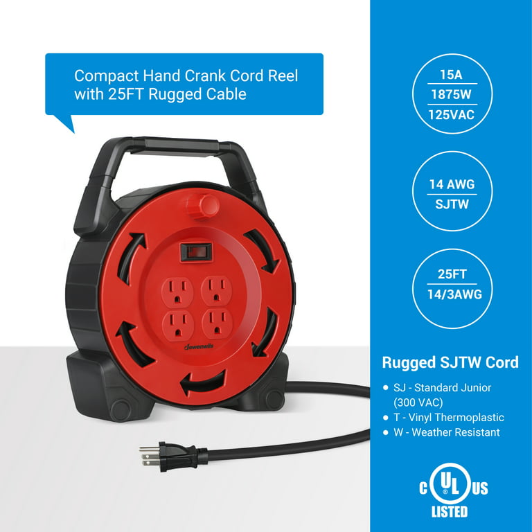 DEWENWILS Extension Cord Reel with 4 Grounded Outlets, 14/3 AWG SJTW 25 FT  Retractable Cord Reel 