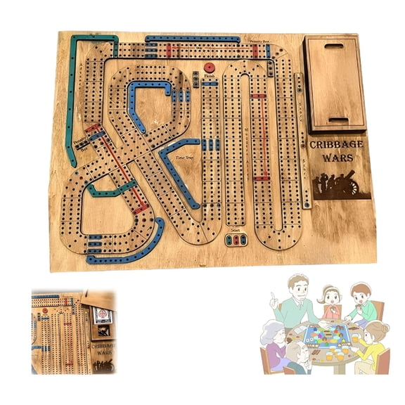 BESTSKY Wooden Cribbage Board Game Set with Storage Space for Cards and Pegs,Classic Board Game Night & Bar Games (1pc)