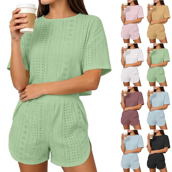 Tqcoqu Women's Eyelet Embroidery 2 Piece Outfit, Crew Neck Short Sleeve Top & Elastic Waist Split Hem Shorts, Breathable Summer Loungewear Pajama Set for Women,Green Women's M-XXL