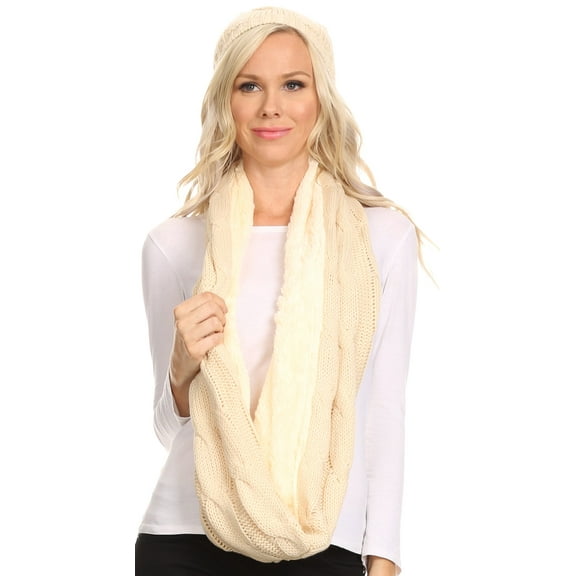 Sakkas Olliey Long Wide Classic Cable Knit Fur Lined Infinity Scarf And Hat Set - Beige - One Size Regular