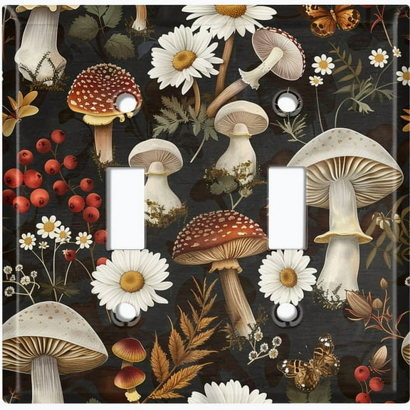 Metal Light Switch Wall Plate Outlet Cover (Botanical Variety, Mushrooms and Plants - Double Toggle)