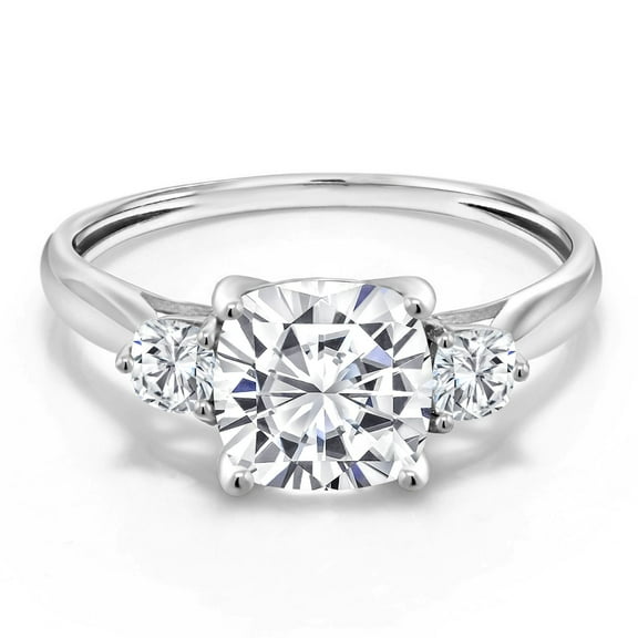 Gem Stone King 1.96 Cttw 10K White Gold White Moissanite 3-Stone Engagement Ring | Cushion 7MM and 3MM | Three Stone Wedding Anniversary Promise Ring for Women | Size 5-9.5