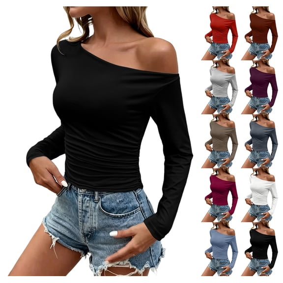XRoczxe Women Off Shoulder Long Sleeve Top Ruched Slim Fit Solid Blouse Soft Stretch Casual Shirt, Can Be Worn Alone or Layered