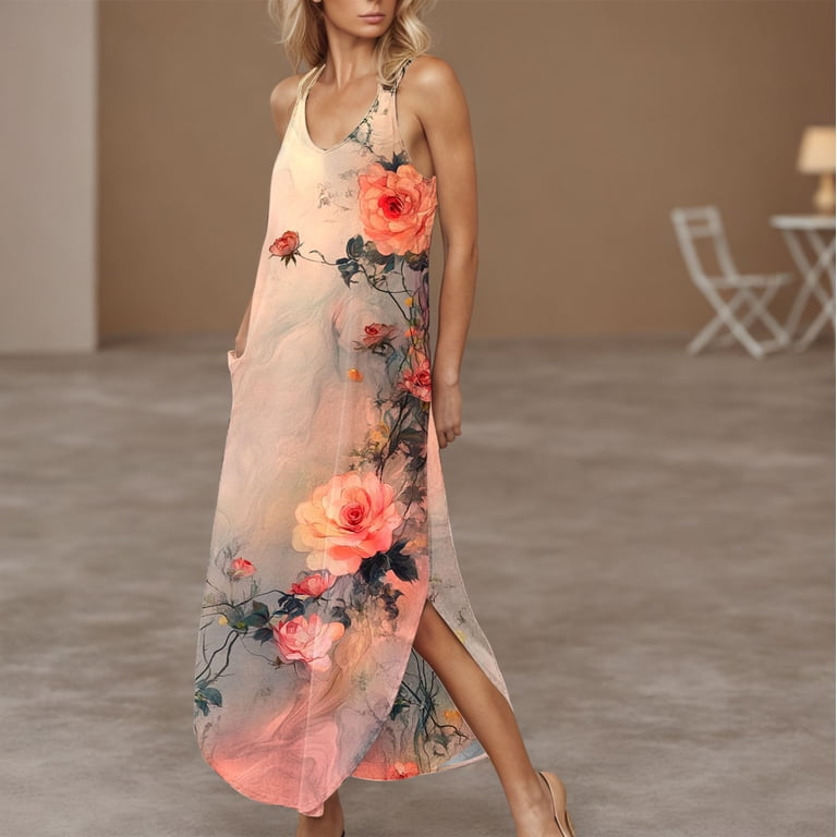 Bohemian Floral Printed Summer Dress for Women Casual Side Split Maxi Dress Crew Neck Outing Beach Dresses for Resort