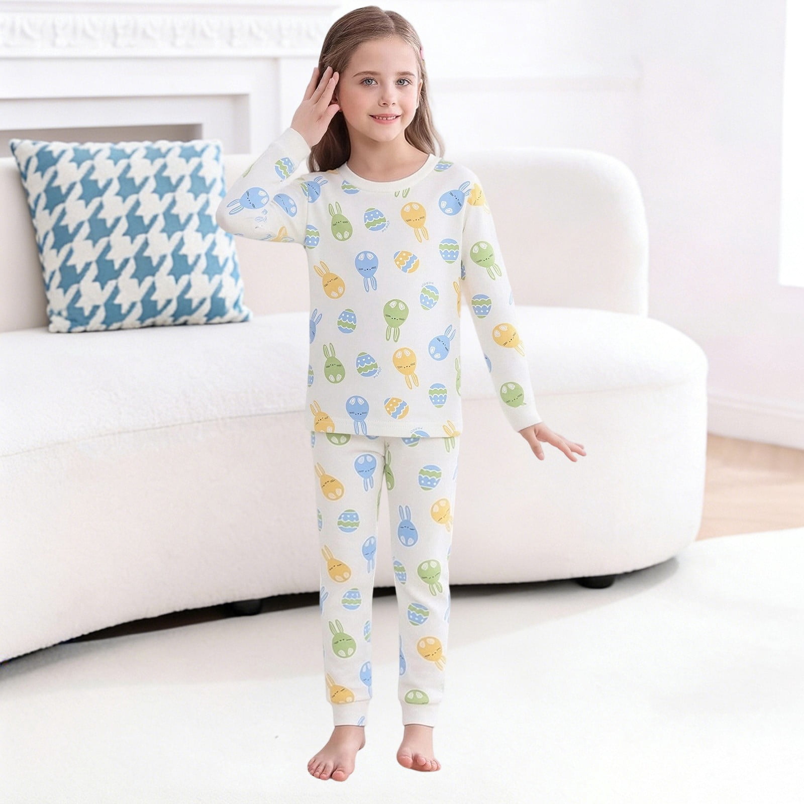 Toddler Girls Easter Pajamas Long Sleeve Pullover Crewneck Soft Pajamas Pants Set Bunny Printed Girls' Sleepwear 2-3 Years