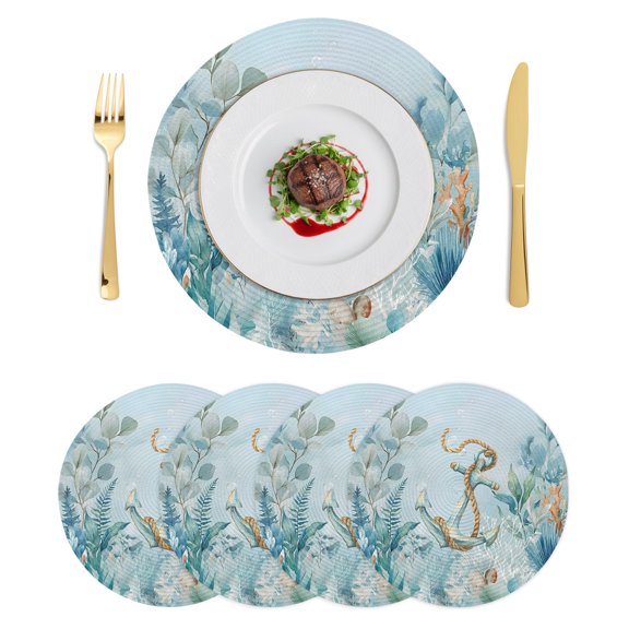 Round Placemats Nautical Coastal 15 inch Set of 4 Table Mats for Dining Table Summer Ocean Blue Anchor Seaweed Corals Heat Resistant Non-Slip Kitchen & Home Decorative Place Mat Set