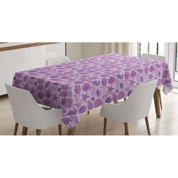 Marine Tablecloth, Exotic Sea Animals Pattern Scallops Snails Seahorses and Turtles, Rectangle Satin Table Cover Accent for Dining Room and Kitchen, 60" X 84", Violet Purple Pale Mauve, by Ambesonne