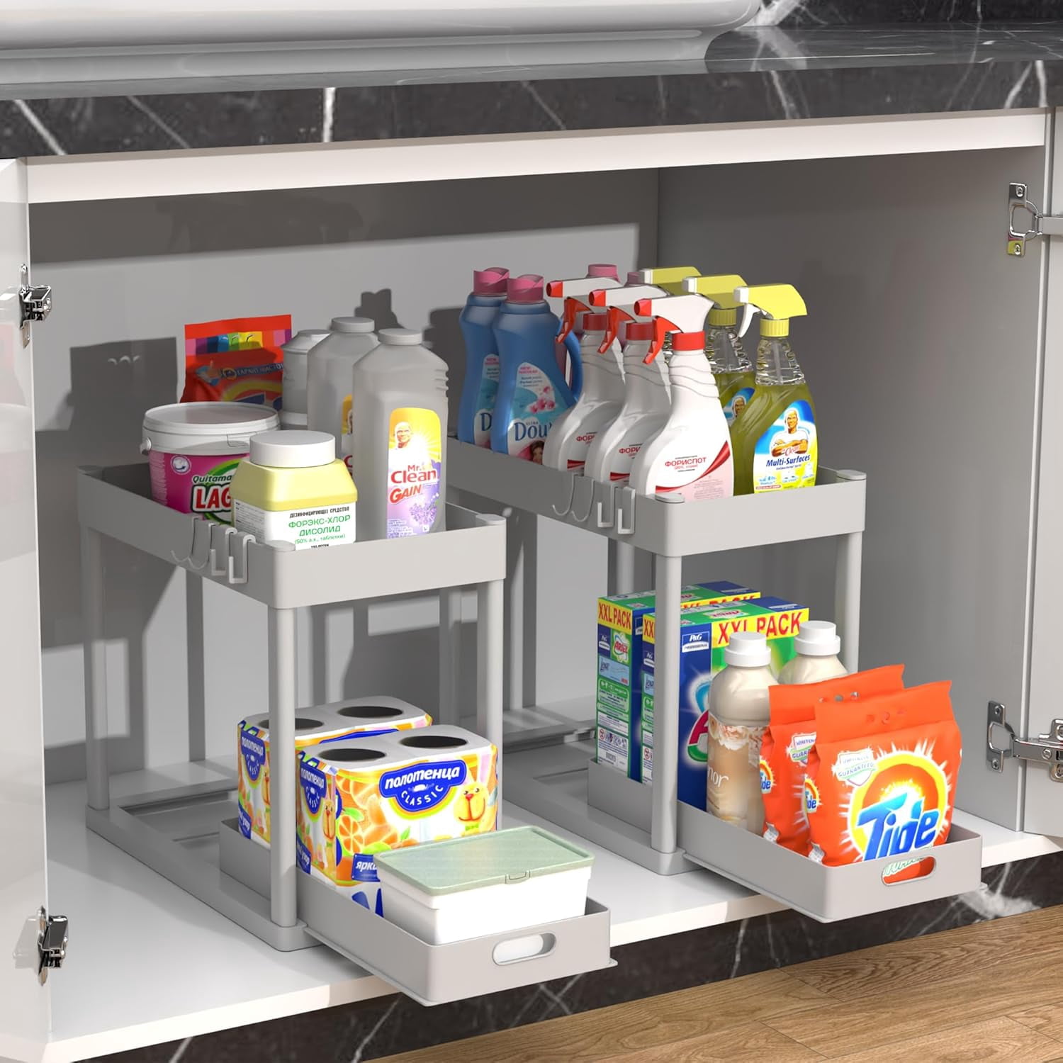 2PC Under Sink Organizer Rack 2 Tier Sliding Cabinet Basket with 4 Hooks - Multi-Purpose Storage for Kitchen Bathroom Desktop