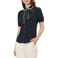 thumbnail image 4 of INSPIRE CHIC Women's Contrast Peter Pan Collar Shirt Puff Sleeve Button Up Tie Neck Blouse Dark Blue XS, 4 of 6