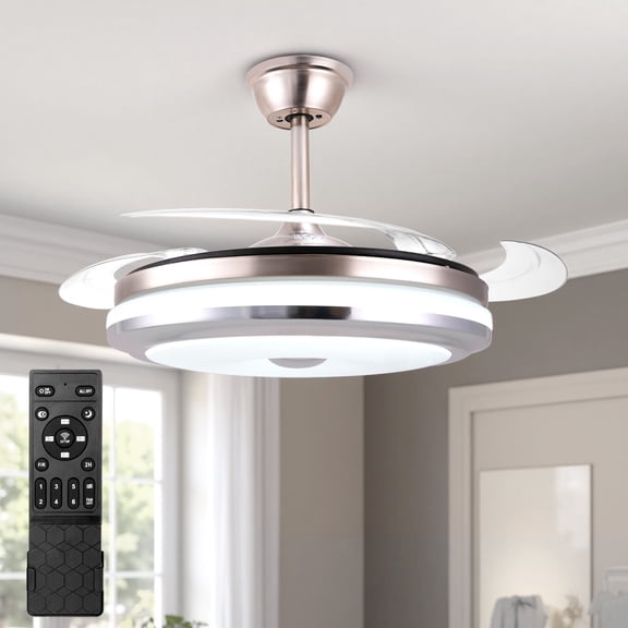42 Inch Retractable Ceiling Fan w/Light and Remote, Quiet DC Motor Fandelier w/ 6 Speeds, Reversible Airflow, Dimmable LED 3-Color Changeable,  Modern Fan for Bedroom Living Room (silver)