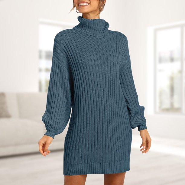 Vestido de manga larga para mujer vestido informal con cuello alto y hombros caídos traje diario básico