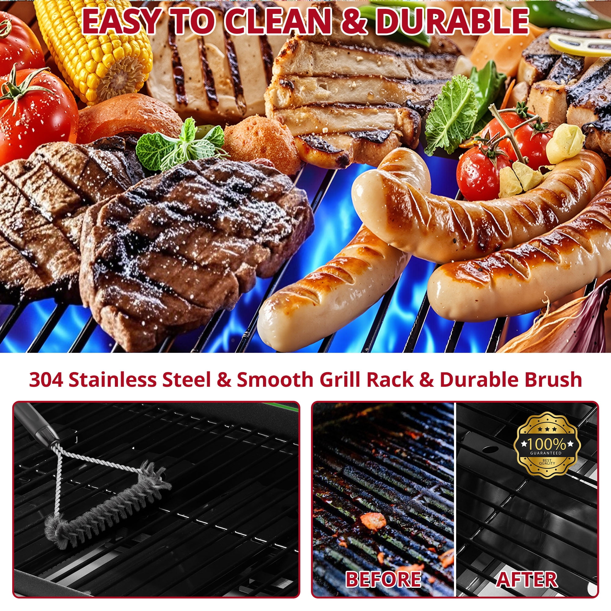 Enyopro Gas Grill, 4-Burner Propane Gas Grill, 40,00BTU Stainless Steel BBQ Grill With  Foldable Side Table, Hanging Basket, for Outdoor Camping Barbecue
