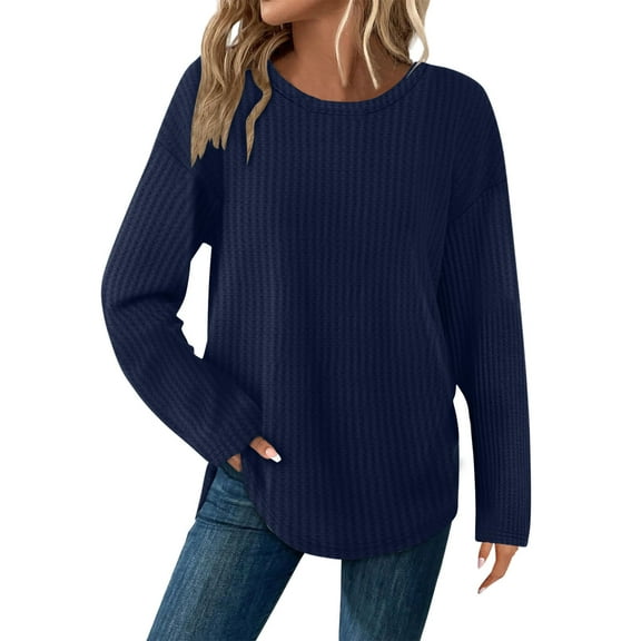 UTSJKR Tunic Tops for Women Loose Fit Dressy Waffle Knit Long Sleeve Shirts Trendy Spring Crewneck Sweaters Curved Hem Navy S