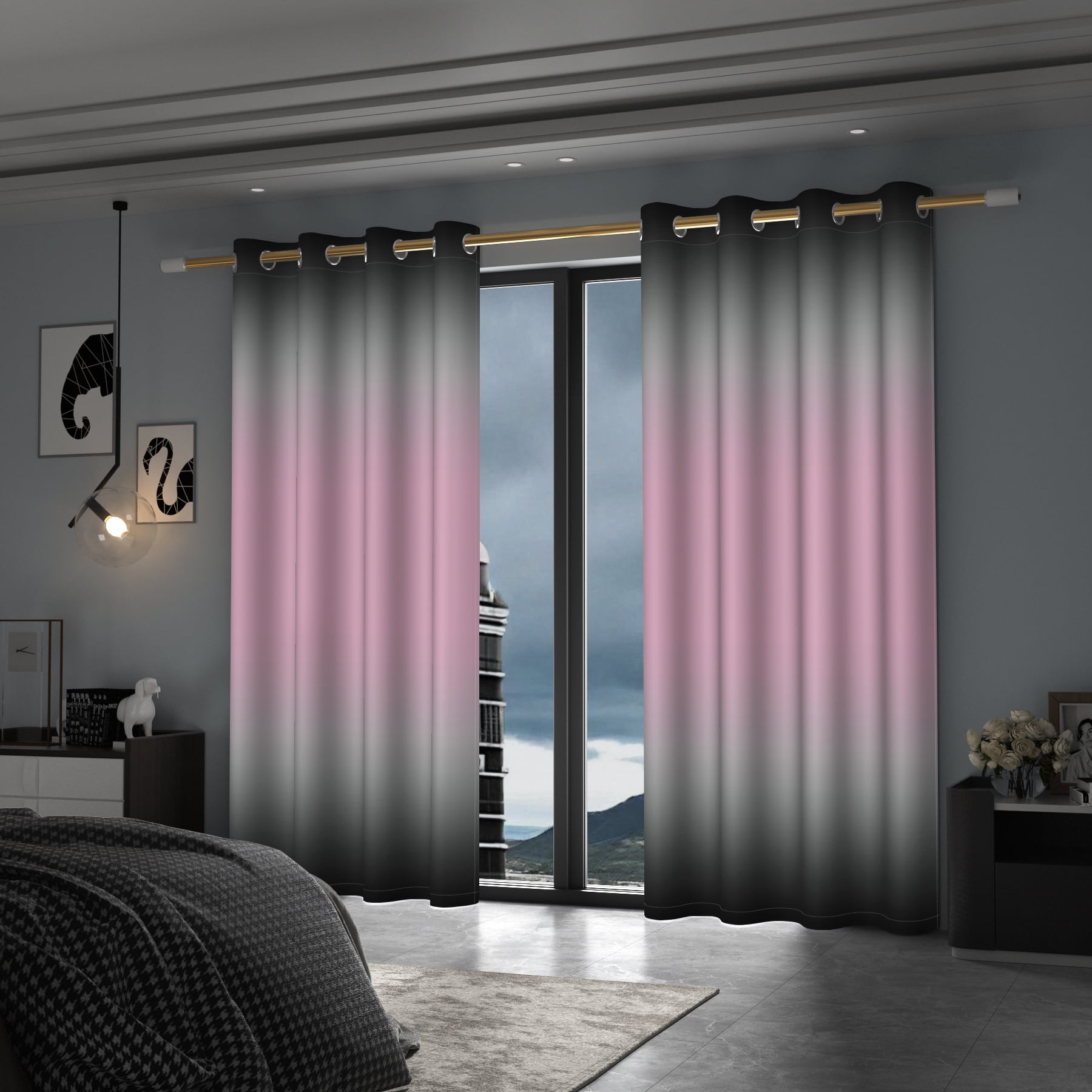 Lfeey Baby Pink Black Blackout Curtains 84 Inch Long 2 Panels, Bedroom/Living Room Insulated Light Blocking Decorative Drapes