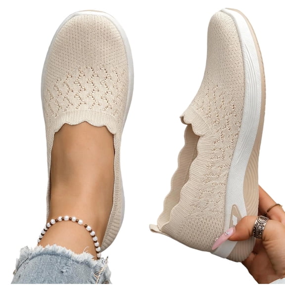 Women's Hollow Knitted Slip On Walking Shoes Comfortable Breathable Mesh Shoes Lightweight Sneakers Soft-Soled Flat Shoes
