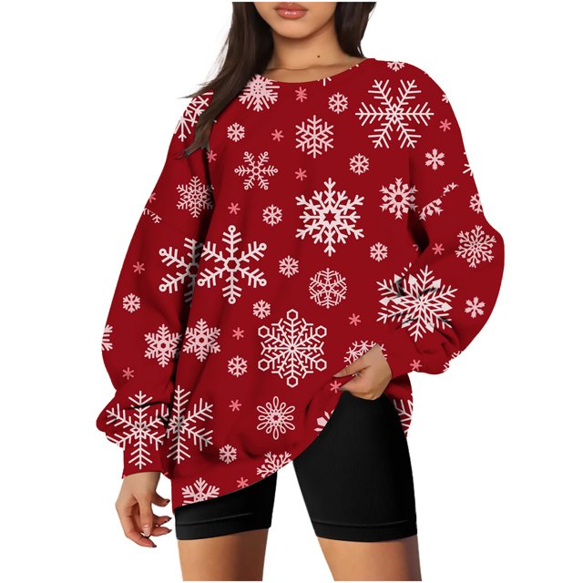 Costumes de Noël en Solde Col Rond Mode Décontractée Manches Longues Chandail en Molleton Imprimé de Noël Blouse Chandail en Molleton Surdimensionné pour Femmes