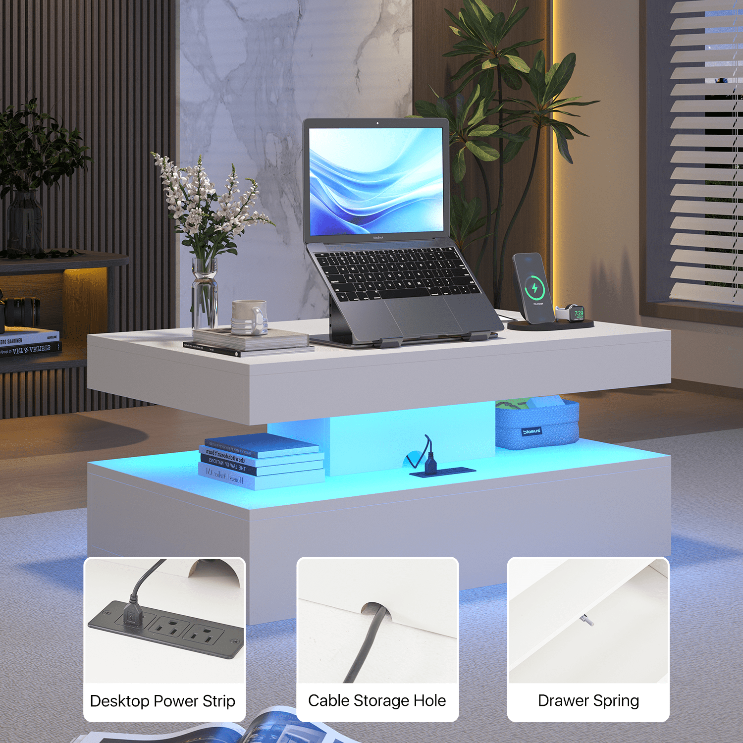 Sonegra 39" High-Glossy LED Coffee Table, Storage Coffee Table with 2 Sliding Drawers for Living Room, Modern Stylish Double-Layer Center Tables with LED Lights, White