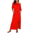 thumbnail image 3 of THDHVS Long Dresses for Women,Solid Color One Shoulder Dress with Cross Waist Elastic Hem Split Hem Pocket Design Casual Beach Summer Outfit,Summer Dress Red M, 3 of 10
