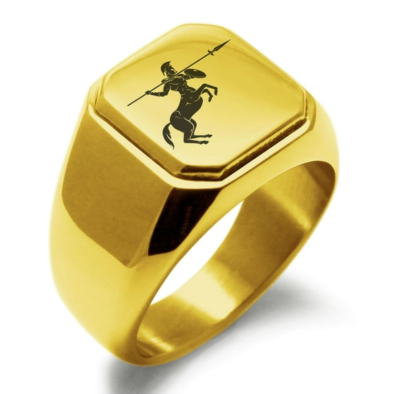Stainless Steel Greek Mythology Centaur Engraved Square Flat Top Biker Style Polished Signet Ring
