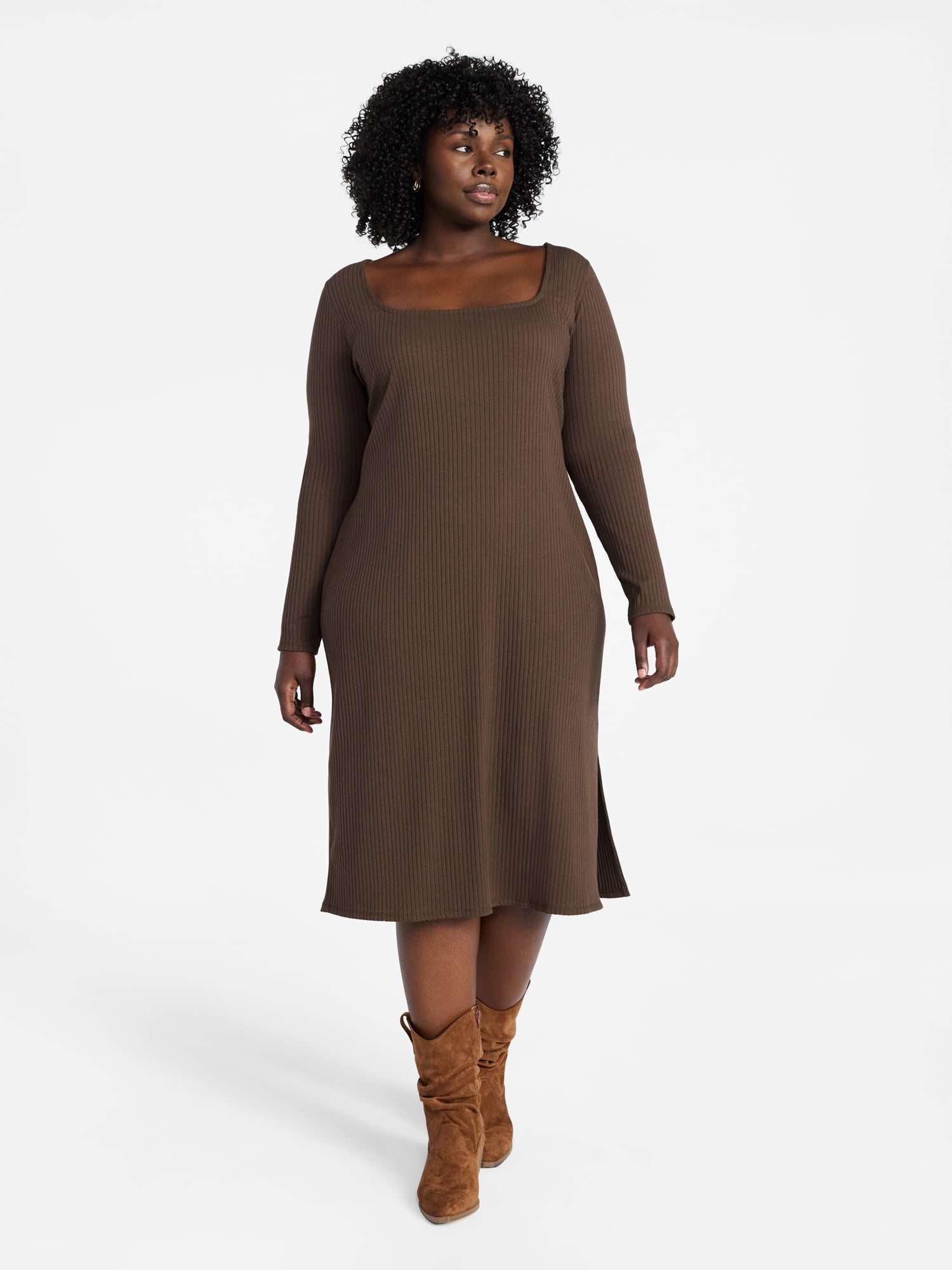 Terra & Sky Women’s Plus Ribbed Knit Midi Dress with Long Sleeves, Sizes 0X-4X