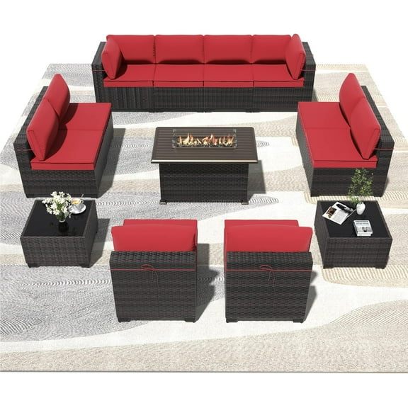 ASJMR 13 Pieces Outdoor Patio Furniture Set with Gas Fire Pit Table,Outside PE Rattan Wicker Sectional Sofa Conversation Sets with Red Cushions