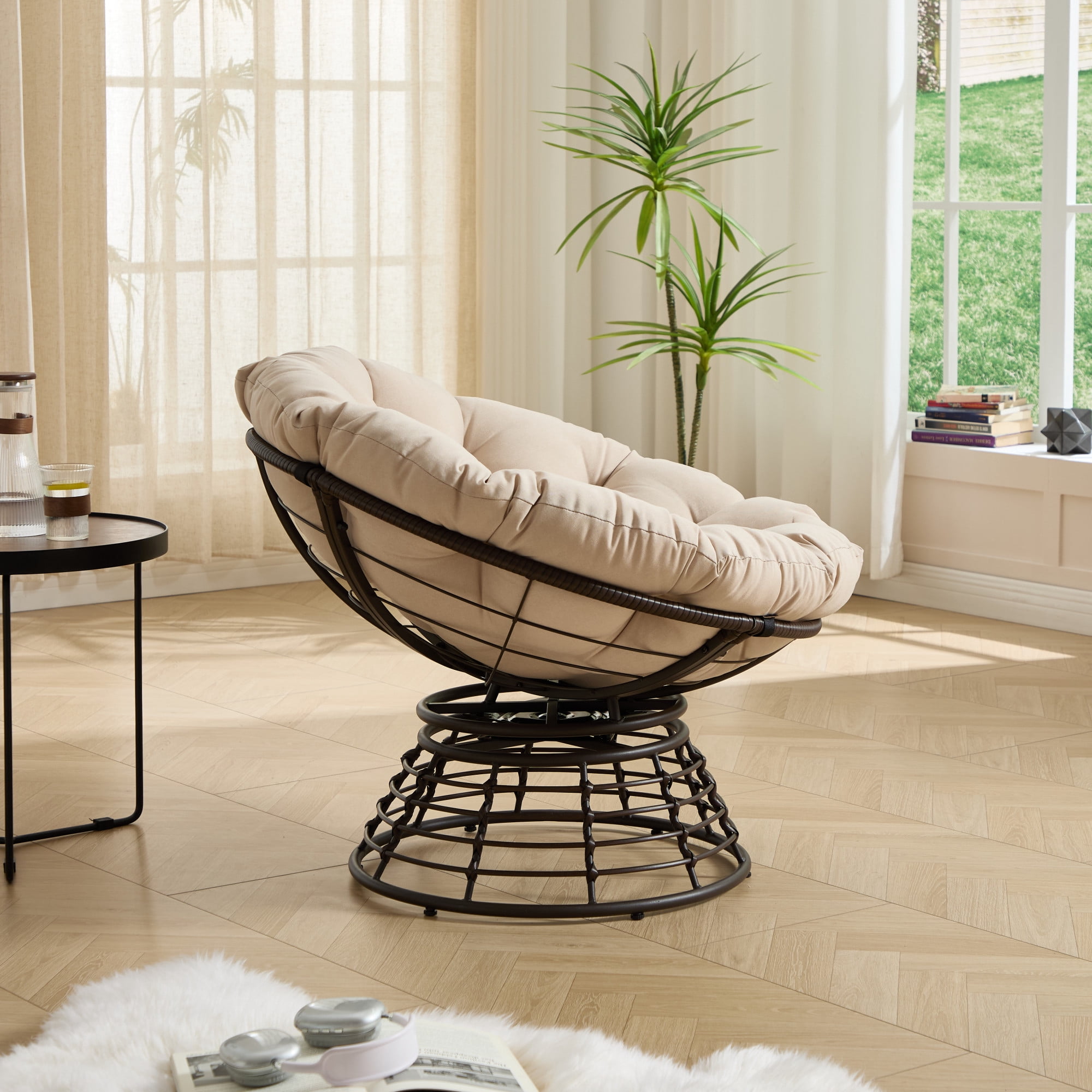 Howcool Indoor/Patio Swivel Chair with Polyester Cushion, Round Seat Accent Armless Steel Egg Chair