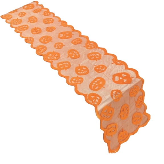 Clearance Under $1.2! 1PC 13x72in Orange Lace Table Runner, Pumpkin Head Halloween Dinner Decor, Polyester, (13x72in, orange)