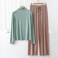 thumbnail image 2 of Wyobmus Women's Long Sleeve Panjama Sets 2 Piece Sleepwear Soft Modal High Neck Casual Tops and Lounge Pants Solid Color Classic Sleeping Pj Set With Pockets Khaki, 2 of 3