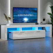 UHOMEPRO TV Stand for TV up to 80, High Gloss Entertainment Center with RGB LED Lights and Storage Shelves, White Media Console for Living Room