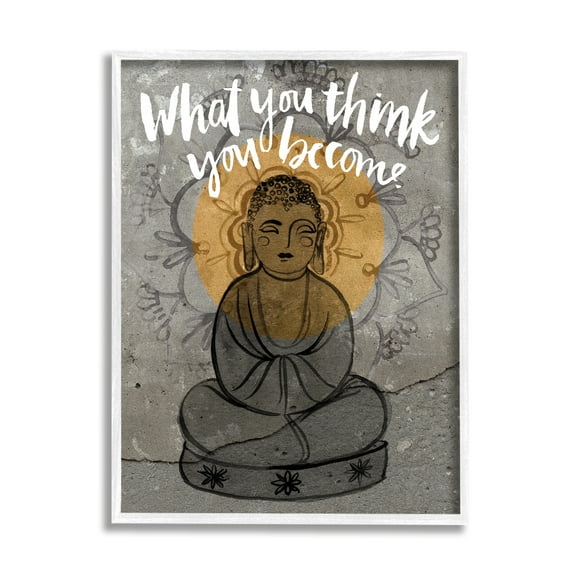 Stupell Industries What You Think You Become Phrase Floral Pattern Buddha Graphic Art White Framed Art Print Wall Art, 24x30, by Jennifer Paxton Parker