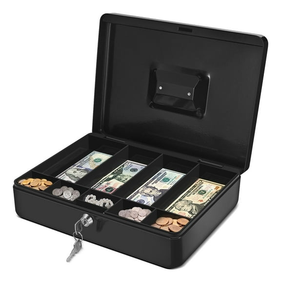 Cash Box with Money Tray, 2 Keys, Security Lock Box with Removable 9 Compartment Tray Steel Construction Cashier Drawer Money Safe Storage for Currency Bill Check Jewelry, Small Portable