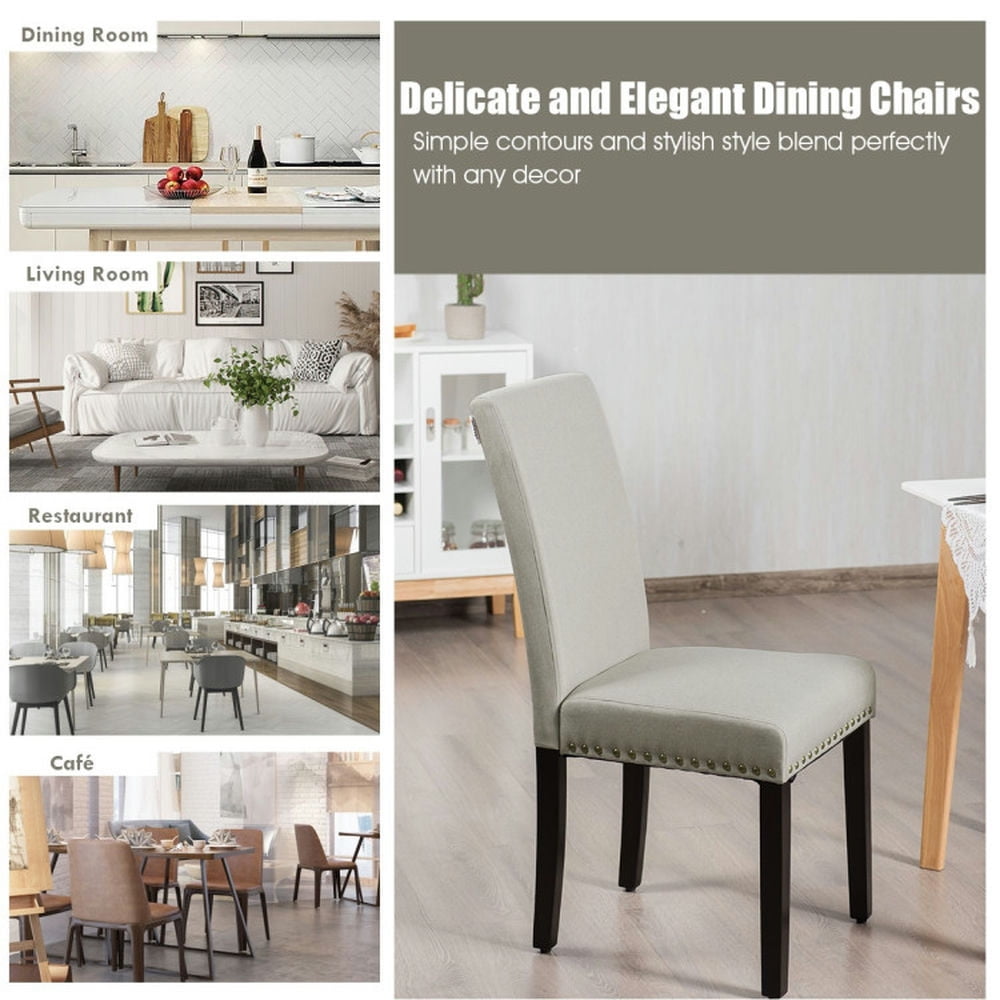 Demi Bonn Set of 2 Fabric Upholstered Dining Chairs with Nailhead and Backrest, Light Gray