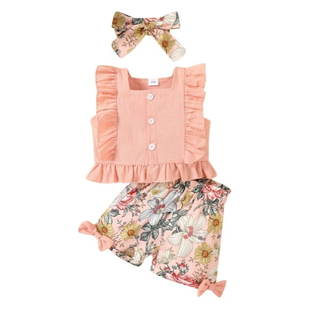 

Toddler Girls Outfits Summer Short Sleeve Flower Print Tops Shorts Headbands 3Pcs Outfits Clothes Set