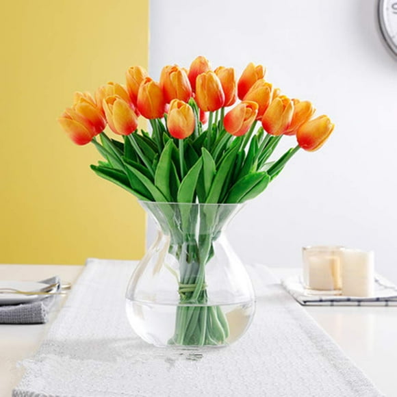 SHINE-cO LIgHTINg PU Real Touch Tulips Artificial Flowers 10 Pcs Flowers Arrangement Bouquet for Home Office Wedding Decoration (Orange)