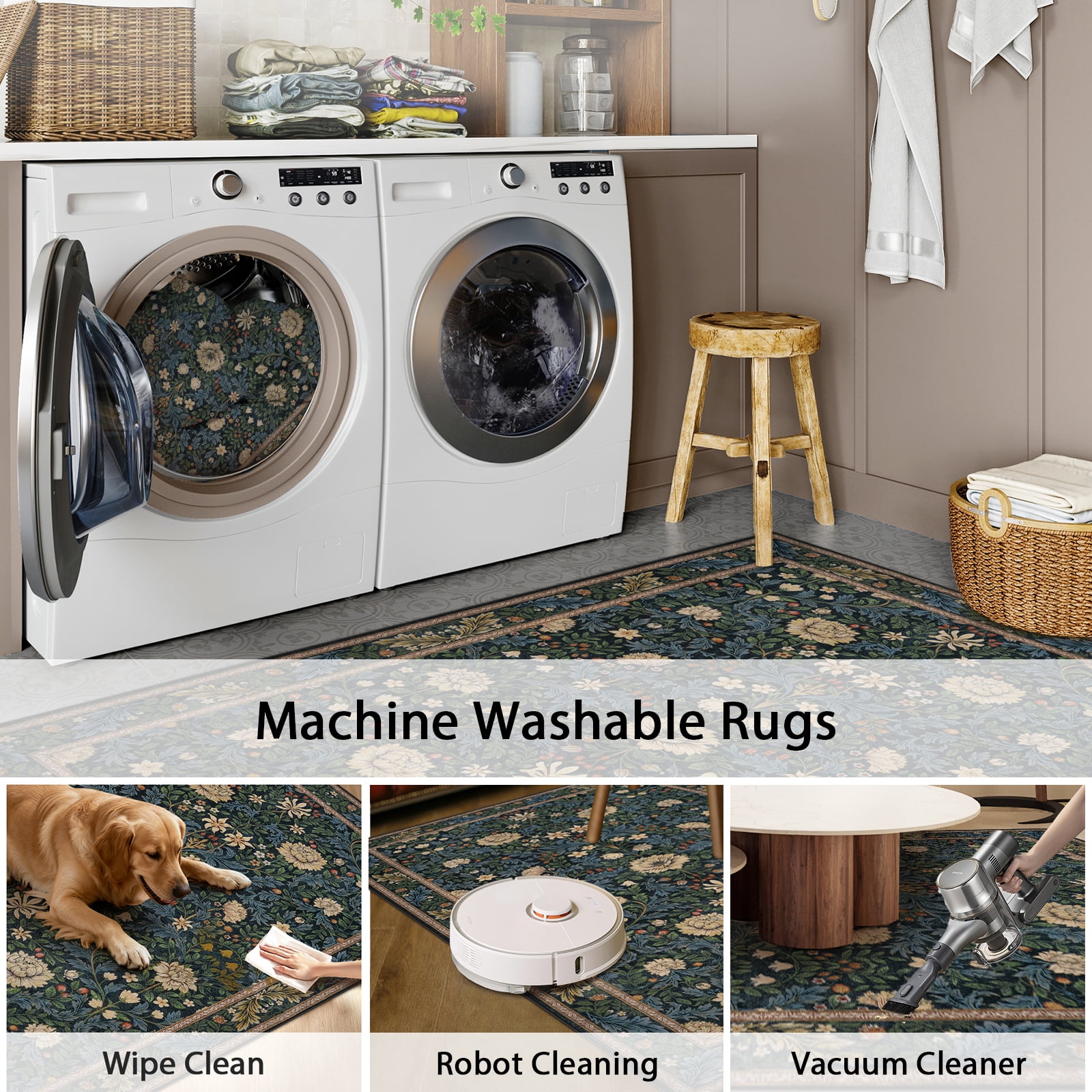 Lahome Non-Slip Washable 8x10 Area Rug, Boho Floral Vintage Low-Pile Carpet for Living Room Bedroom Dining Room and Office, Soft Indoor Mat in Dark Green/Black