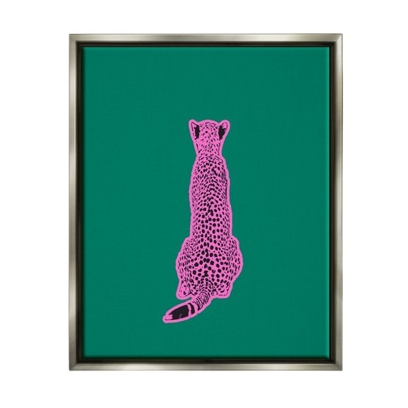 Stupell Industries Pink Cheetah on Green Animals & Insects Painting Gray Floater Framed Canvas Art Print Wall Art, 17 x 21