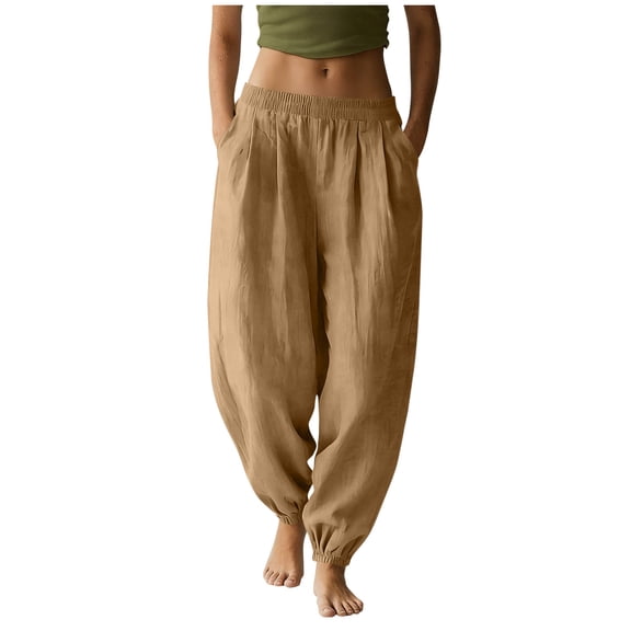 Women Solid Linen Jogger Pants Ruched Elastic Waist Cuffed Ankle Design Functional Pockets Comfortable Daily Casual Wear Trousers Beige XXL