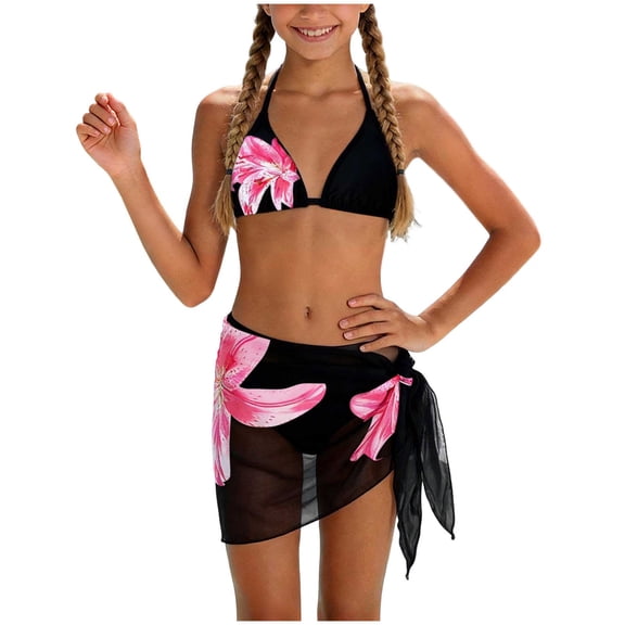 Hudaneo Girls 3 Piece Bathing Suit Floral Print Halter Top Bikini with Cover Up Skirt Teen Swimwear, 7-16 Years