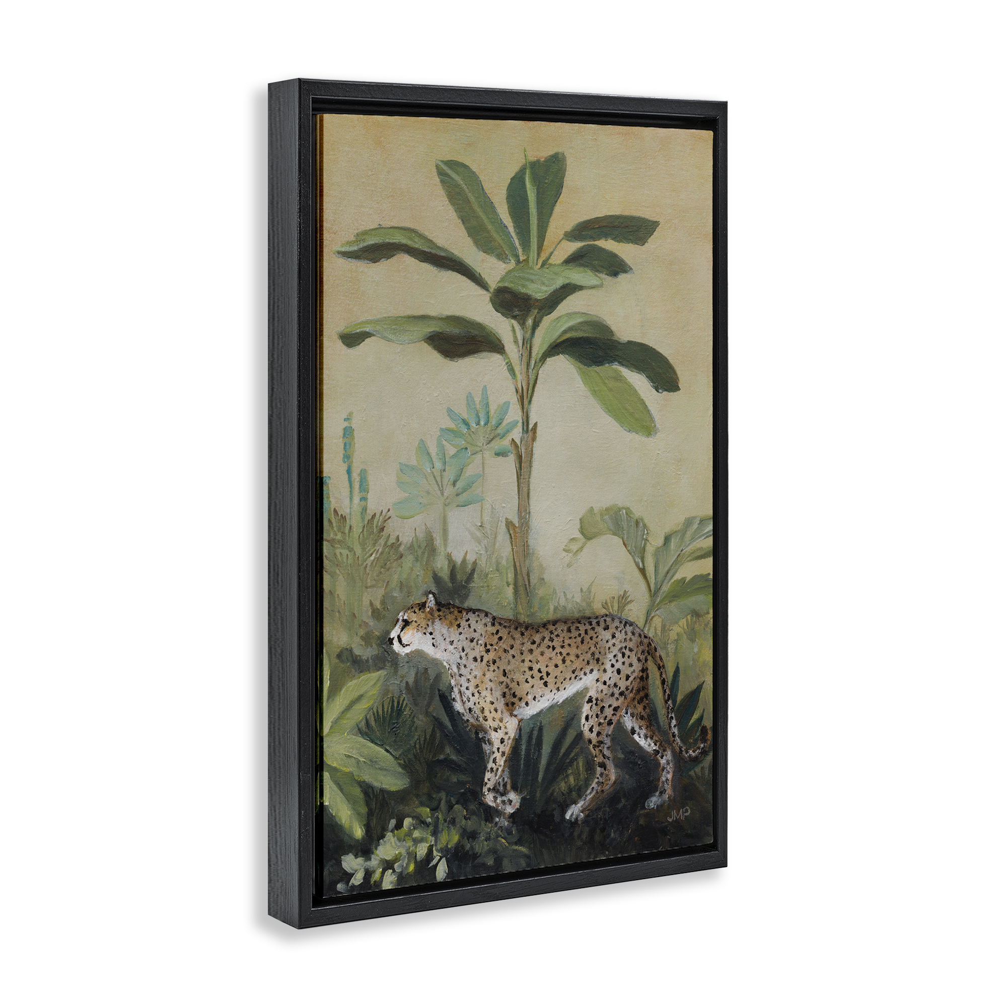 Stupell Industries King Of Jungle Leopard Landscape Painting Black Floater Framed Canvas Art Print Wall Art, 17 x 25