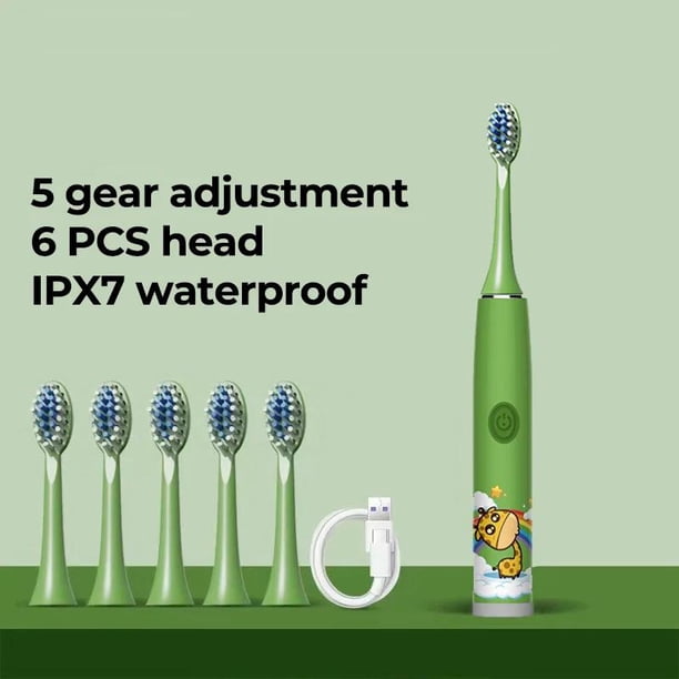 Cepillo de dientes eléctrico para niños, dibujos animados, con cabezal de repuesto, ultrasónico, IPX7, resistente al agua, recargable, sónico