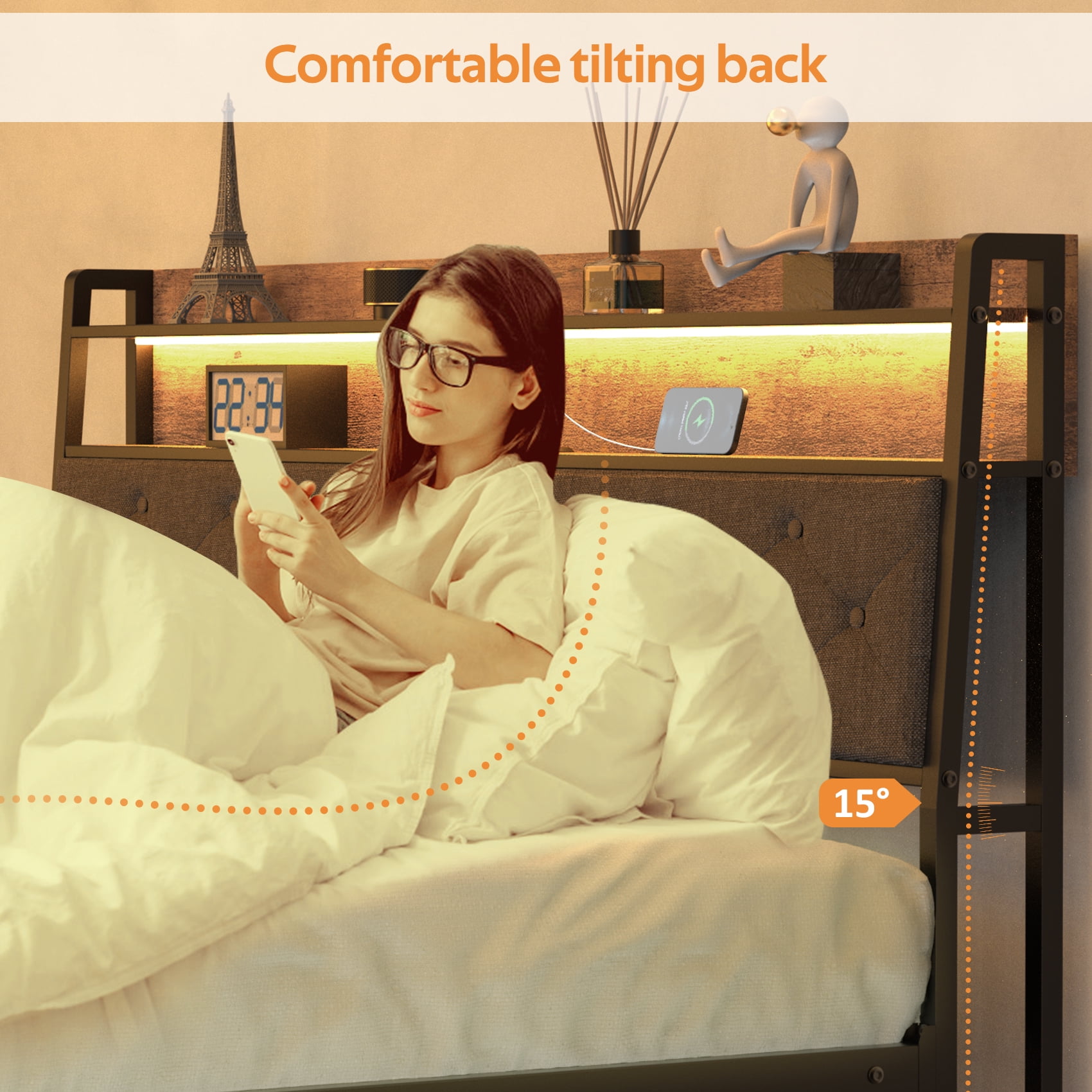 Winkalon Full Size Upholstered Platform Bed Frame with Charging Station & LED Lights,Light Gray