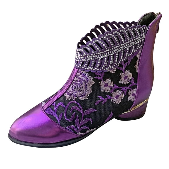 Honeeladyy Clearance under 10$ Women Boots Retro Embroidered Rhinestone Thick Heel Shoes Boots Plus Size Boots